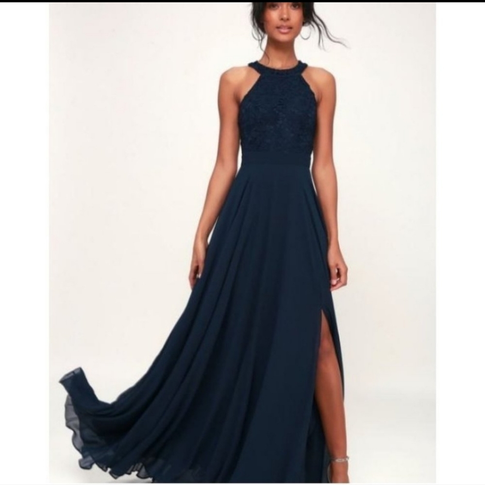 Lulu's  navy dress maci halter neck bridesmaid dress